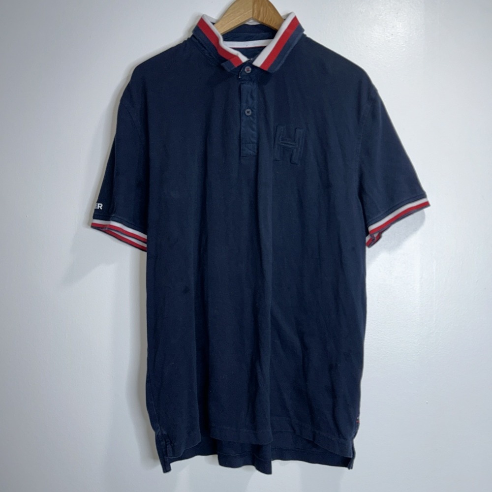 Tommy Hilfiger Polo Shirt Mens XL Red Blue Short Sleeve Casual Adult Big H *